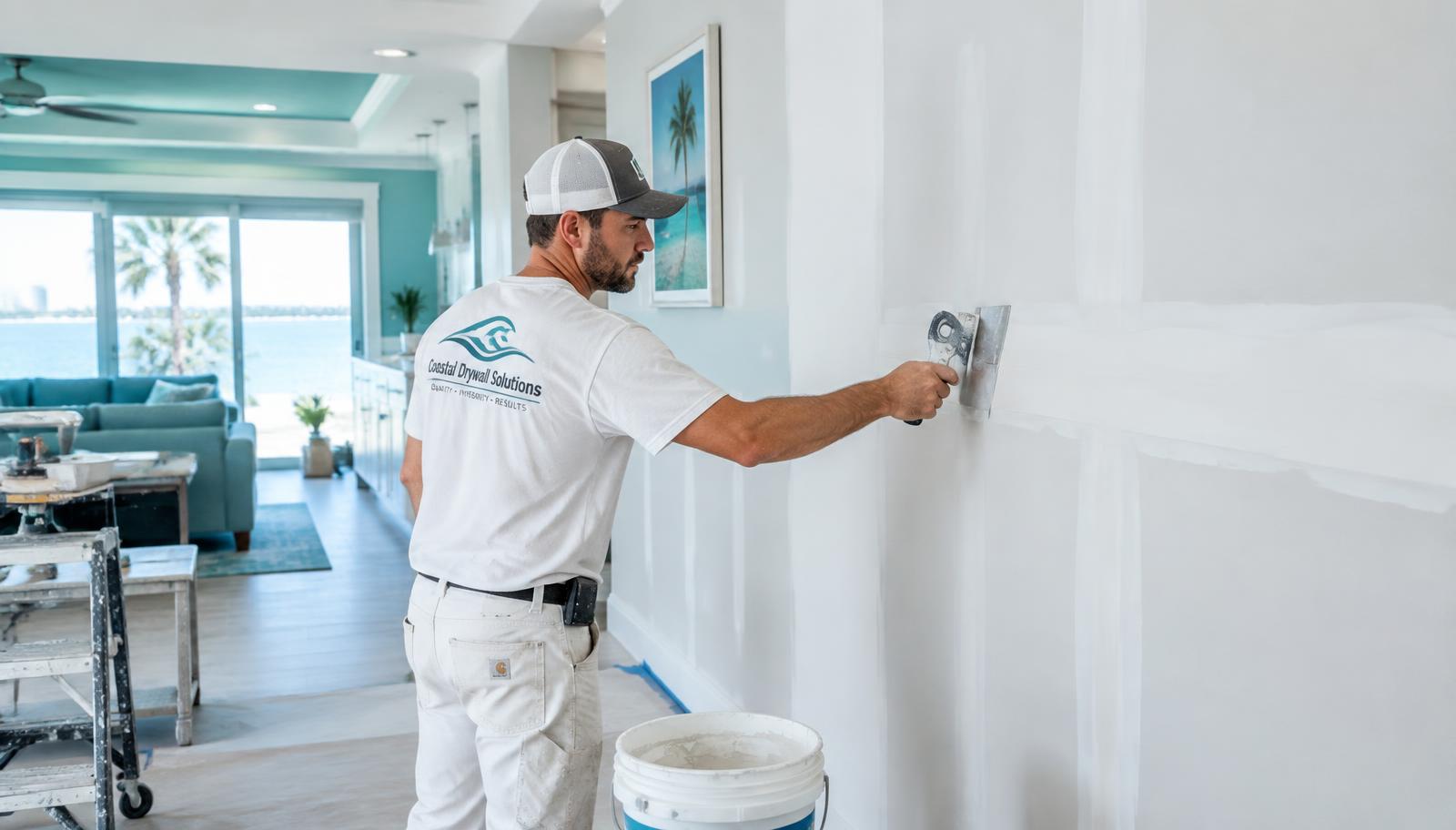 CJY Services drywall professional finishing a wall in a Tamarac, Florida home