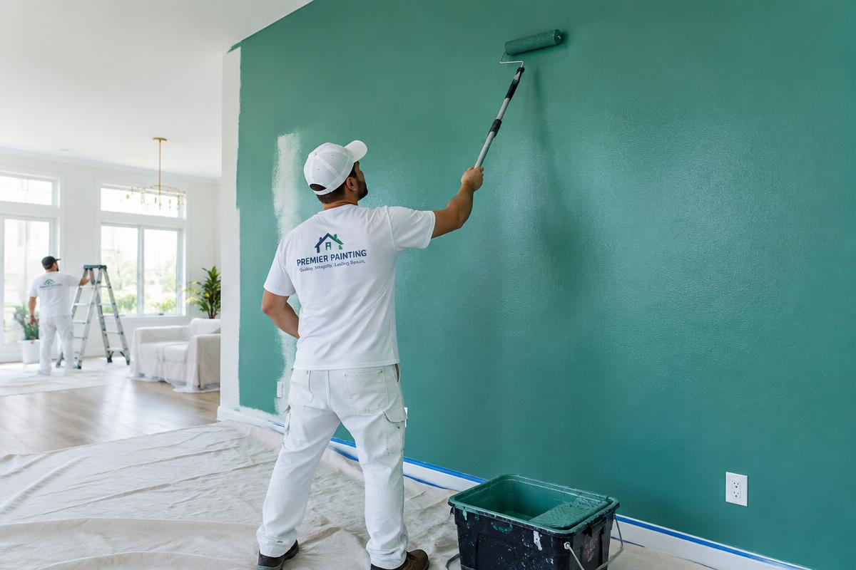 Professional painter rolling interior wall paint in a Broward County home