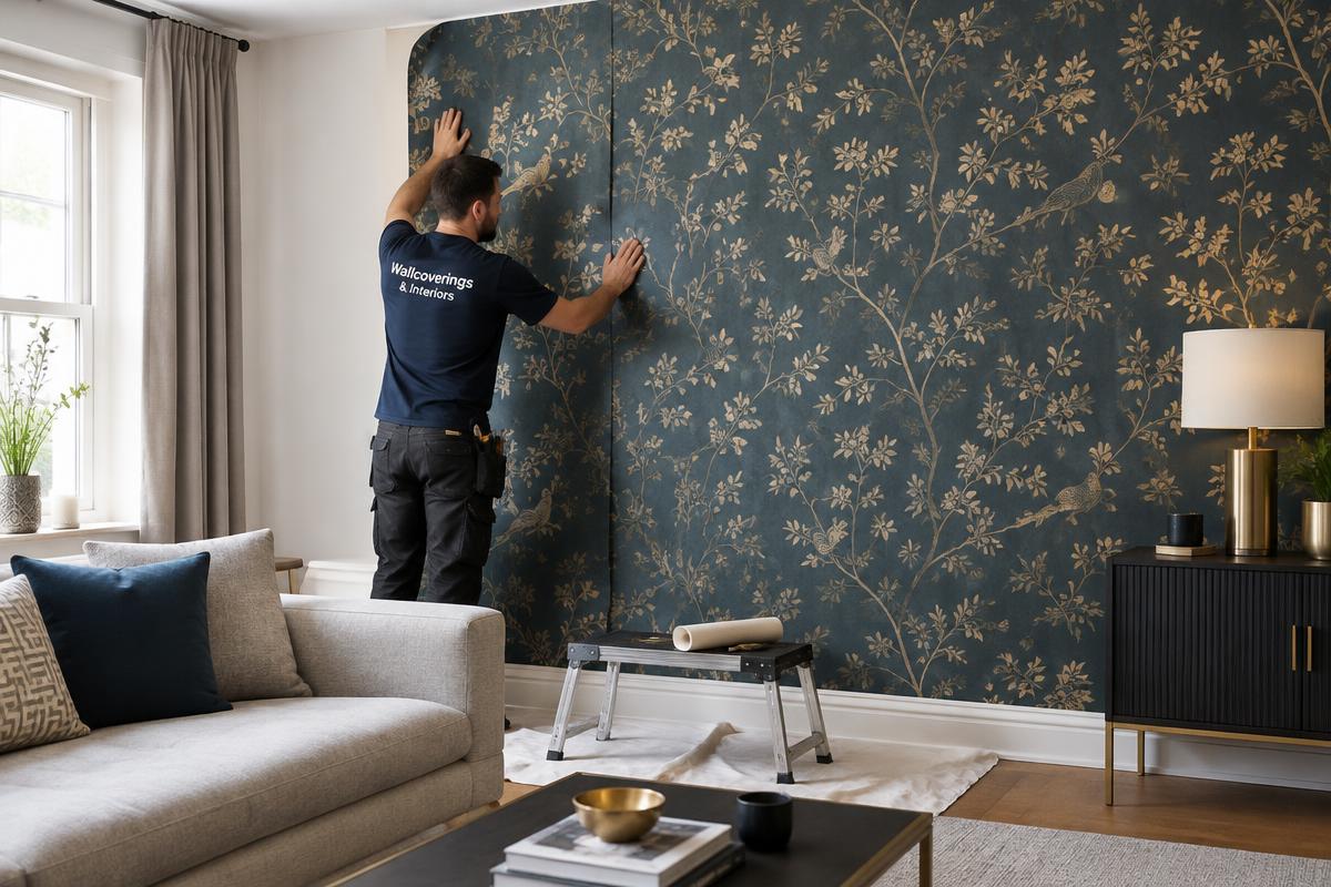 Wallpaper installer applying a patterned feature wall